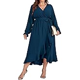 SCOMCHIC Women Plus Size Formal Dresses Fall Long Sleeve Faux Wrap V Neck High Low Ruffle Cocktail Wedding Guest Maxi Dress