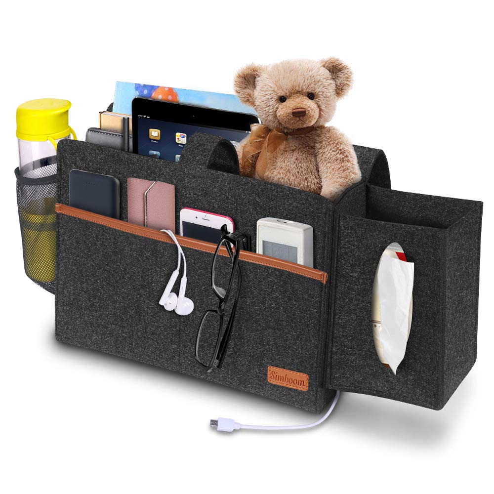 SIMBOOM Bedside Storage Bag Felt Pocket with Tissue Box and Water Bottle Holder, Magazine Holder for Home College Dorm Bedroom - Dark Grey