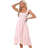 Allegra K Boho Midi Dress for Women's Square Neck Ruffle Tiered Flowy Smocked Sundress