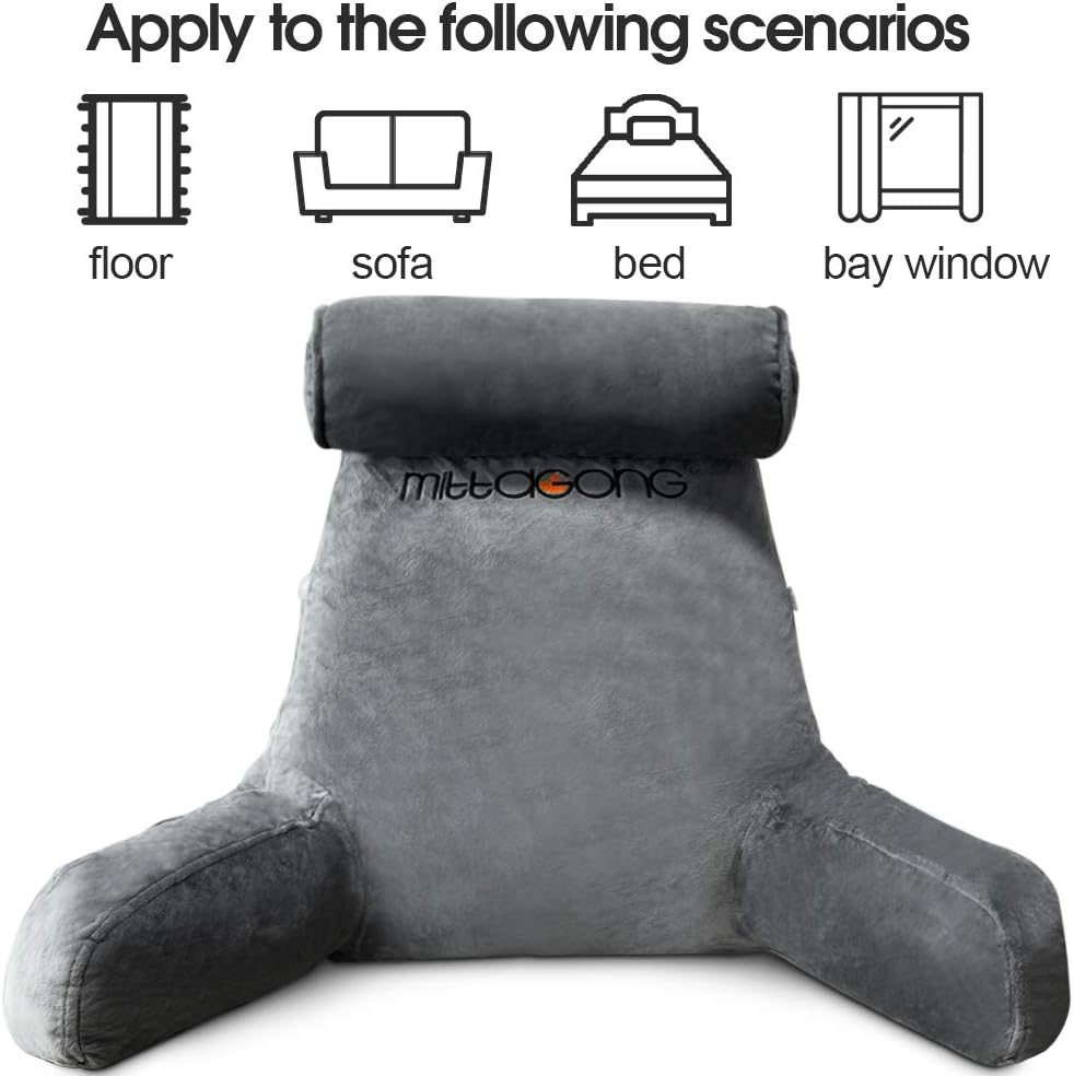 mittaGonG Shredded Foam Reading Pillow with Detachable Neck Roll & Big Bed Backrest Pillow for Bed with Arms and Side Pocket - Perfect for Back Support While Relaxing, Gaming, Reading, or Watching TV: Home & Kitchen