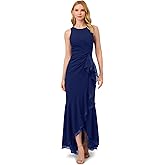 Adrianna Papell Women's Ruffle Crepe Halter Gown | Sleeveless Formal Evening Gown with High Low Ruffle Skirt, French Blu,