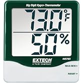 Extech 445703 Big Digit Indoor Humidity and Temperature Meter | 10-99%RH, 14-140F, 1in big-digit LCD, +/-5%RH, MIN/MAX reset, tilt stand, wall mount bracket