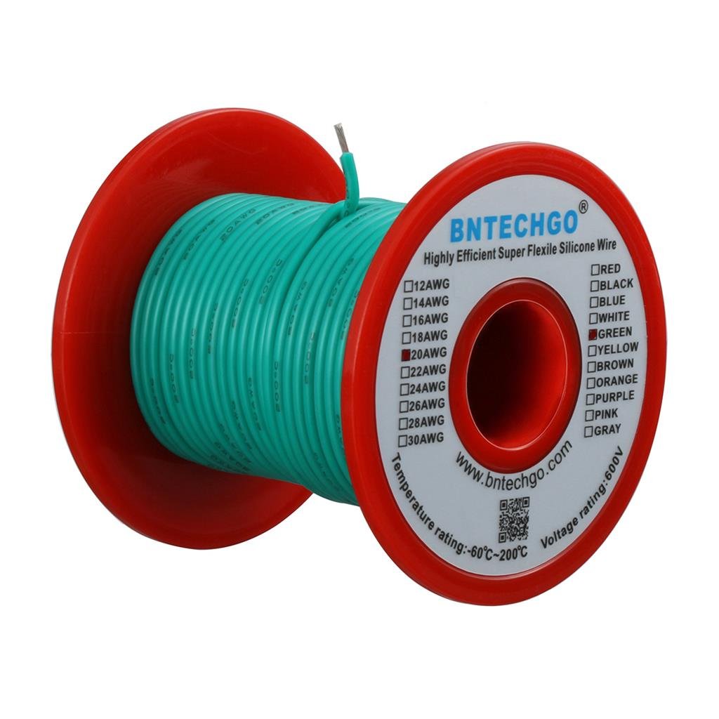 BNTECHGO 20 Gauge Silicone Wire Spool Green 100 ft Ultra Flexible High Temp 200 deg C 600V 20 AWG Silicone Rubber Wire 100 Strands of Tinned Copper Wire Stranded Wire for Model Low Impedance