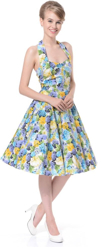 FiftiesChic Women's 100% Cotton Halterneck Floral Print 50s Inspired Vintage Rockabilly Party Dresses
