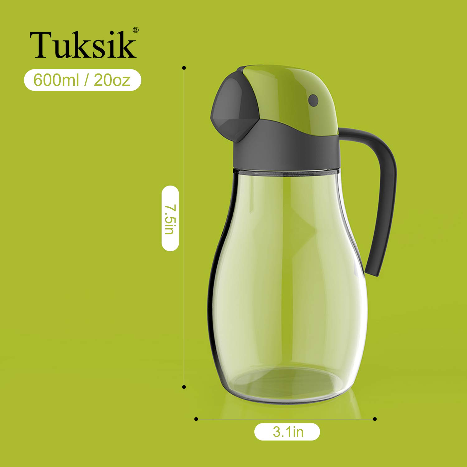 Olive oil dispenser automatic cap 20oz/600ml, glass oil bottle suitable for kitchen, no drip parrot shape design (Green-20oz)