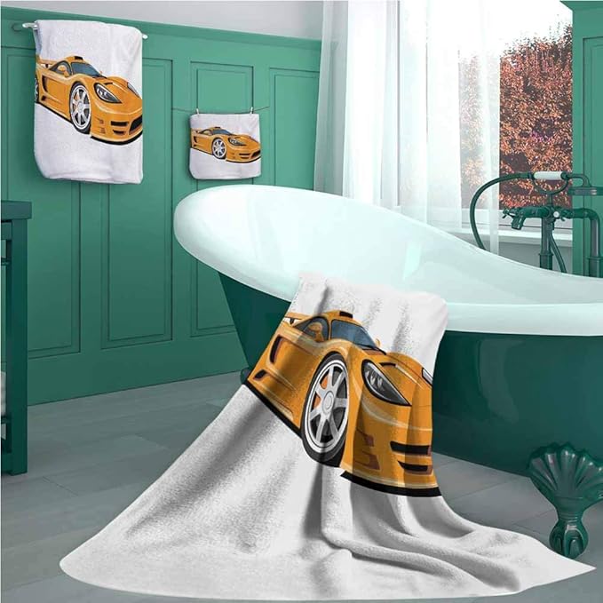 Cars Bath Towel Set of 3, Orange Sports Car Fast Racing