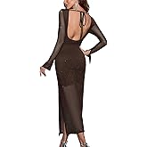 VAFADRESS Womens Sexy Sequin Sparkly Glitter Dress Long Sleeve Tie Backless Party Club Maxi Dress