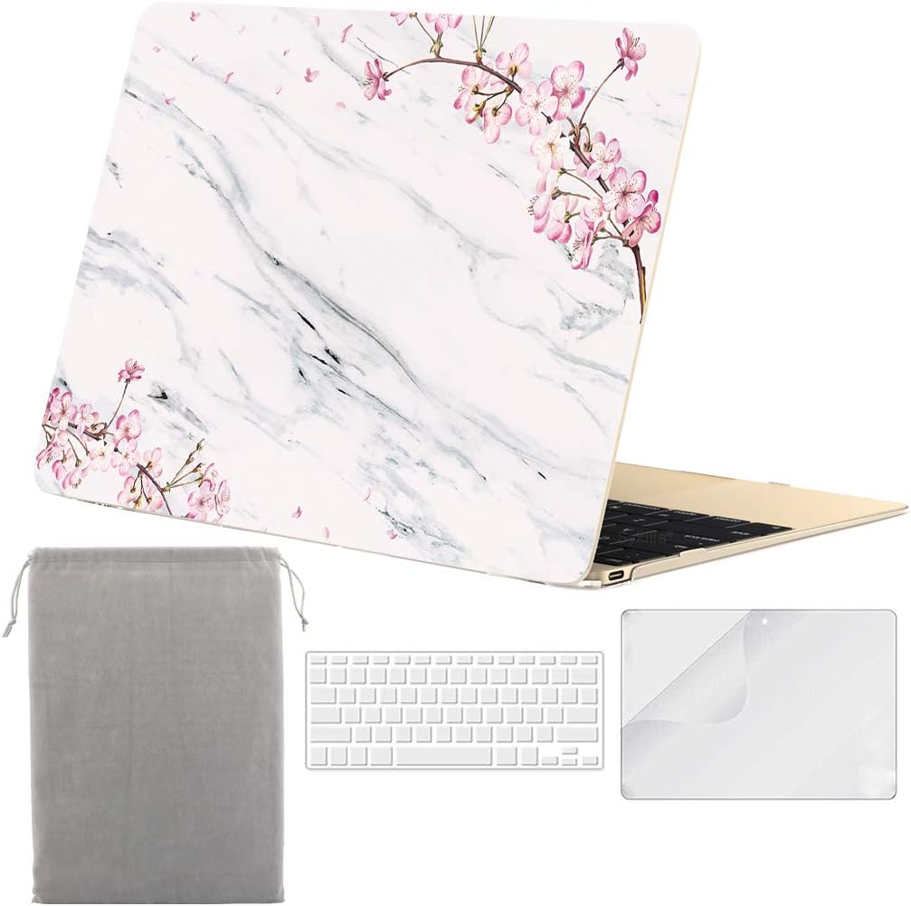 Sykiila for MacBook 12 inch Case Hard Cover 4 in 1 Folio Case & HD Screen Protector & Keyboard Cover & Sleeve for 12 with Retina Display Model A1534 - Pink Flower on White Marble