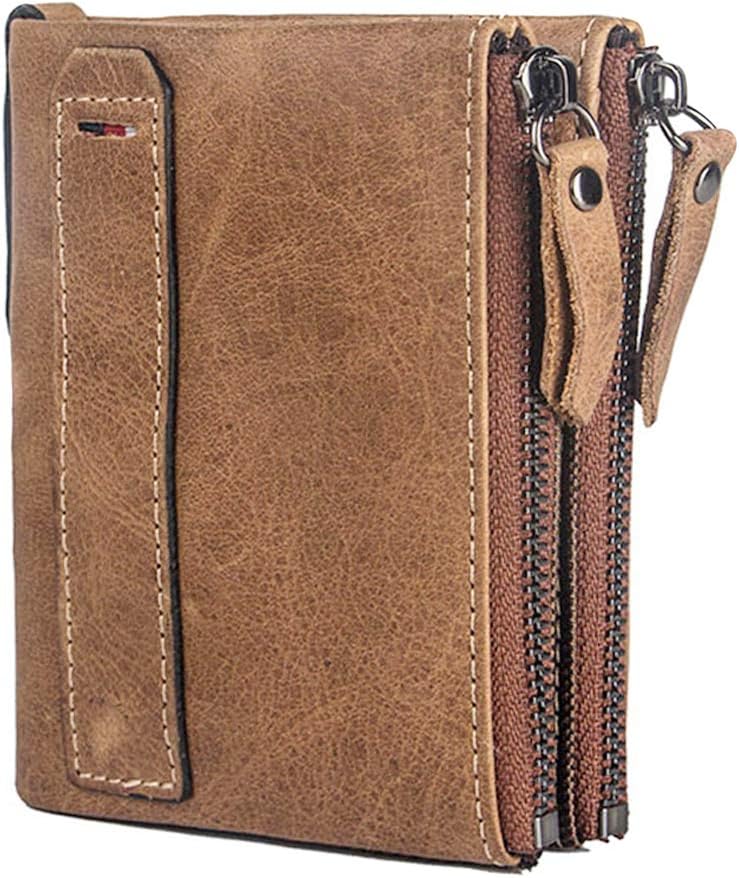 Genuine Cowhide Wallets for Men,Mens Vintage Leather Front Pocket Anti RFID Bifold Travel Small Thin Zipper Trifold Wallet(Brown Double zip Purse)
