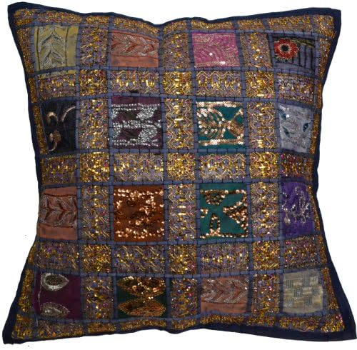 16" Recycled Sari Cushion Cover 40cm Indian Moroccan Navy
