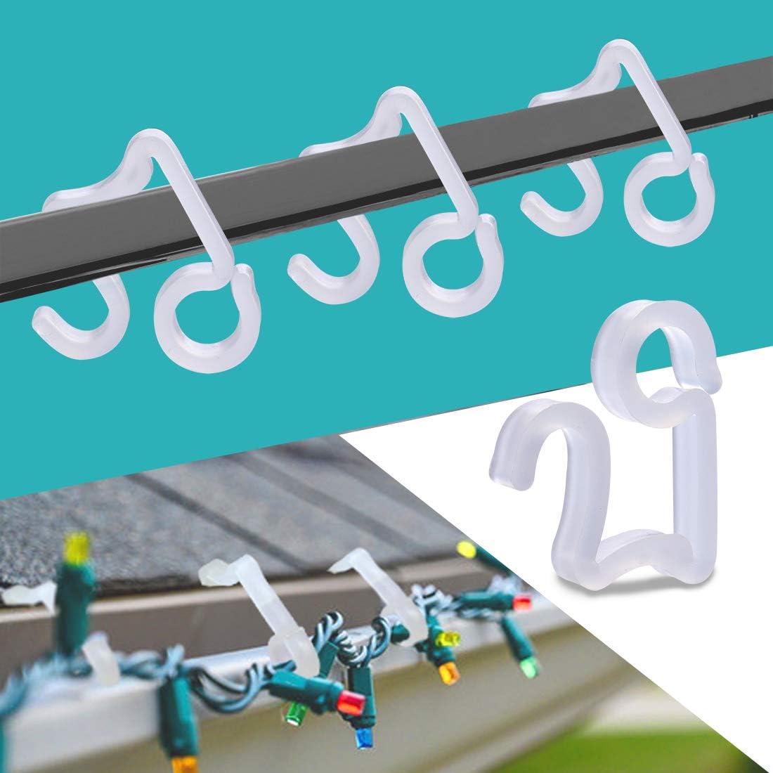 BYYL Christmas Light Hooks Christmas Mini Gutter Hang Hooks Weatherproof Plastic Clip Hooks for Festival Decoration Outside String Lights (100) (Large)