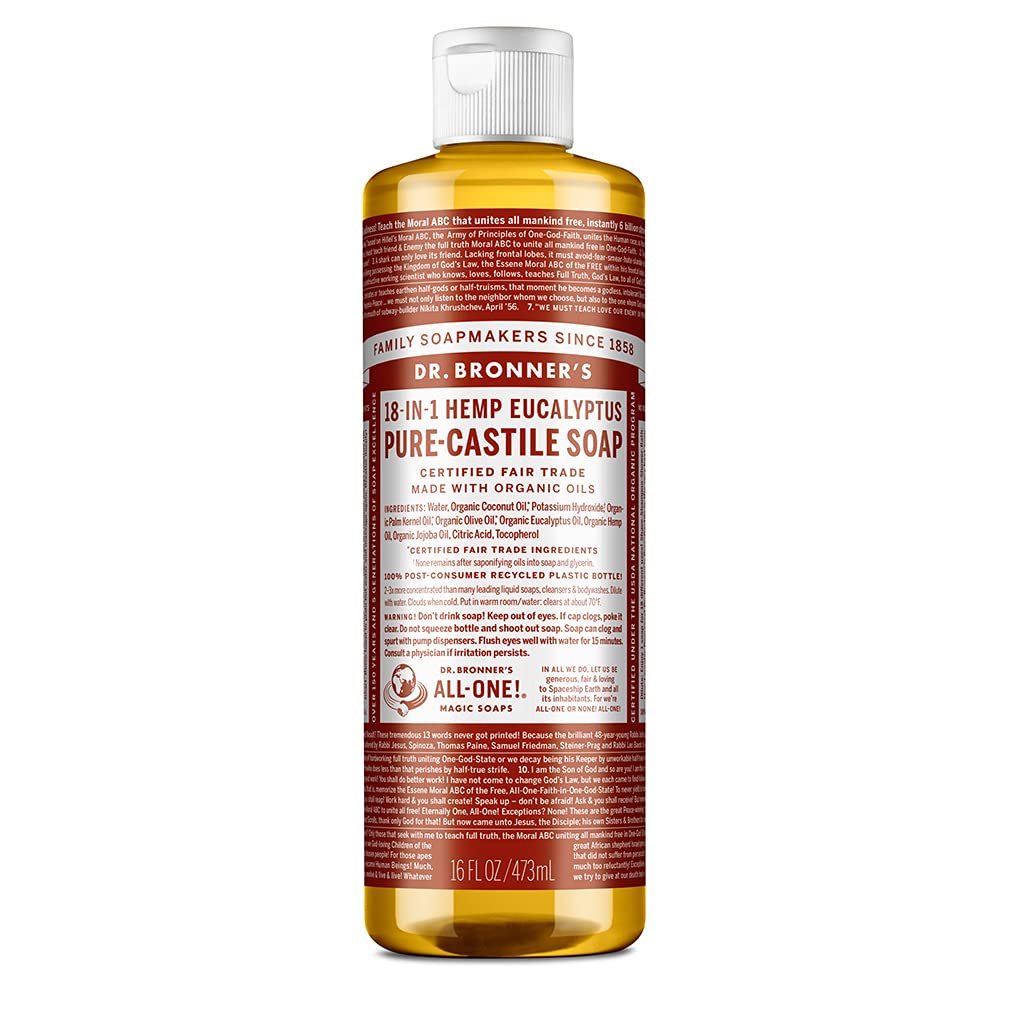 Dr Bronner's 18-in-1 Eucalyptus Pure Castile Liquid Soap, Made with Organic Oils, Used for Face, Body, Hair, Laundry, Pets and Dishes, Certified Fair Trade & Vegan Friendly, 473ml Recycled Bottle