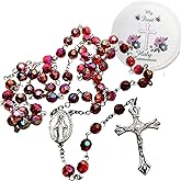 Westmon Works First Communion Rosary Deluxe Set Dark Red Bead and Our Lady of Grace Centerpiece with Protective Case for Ladies