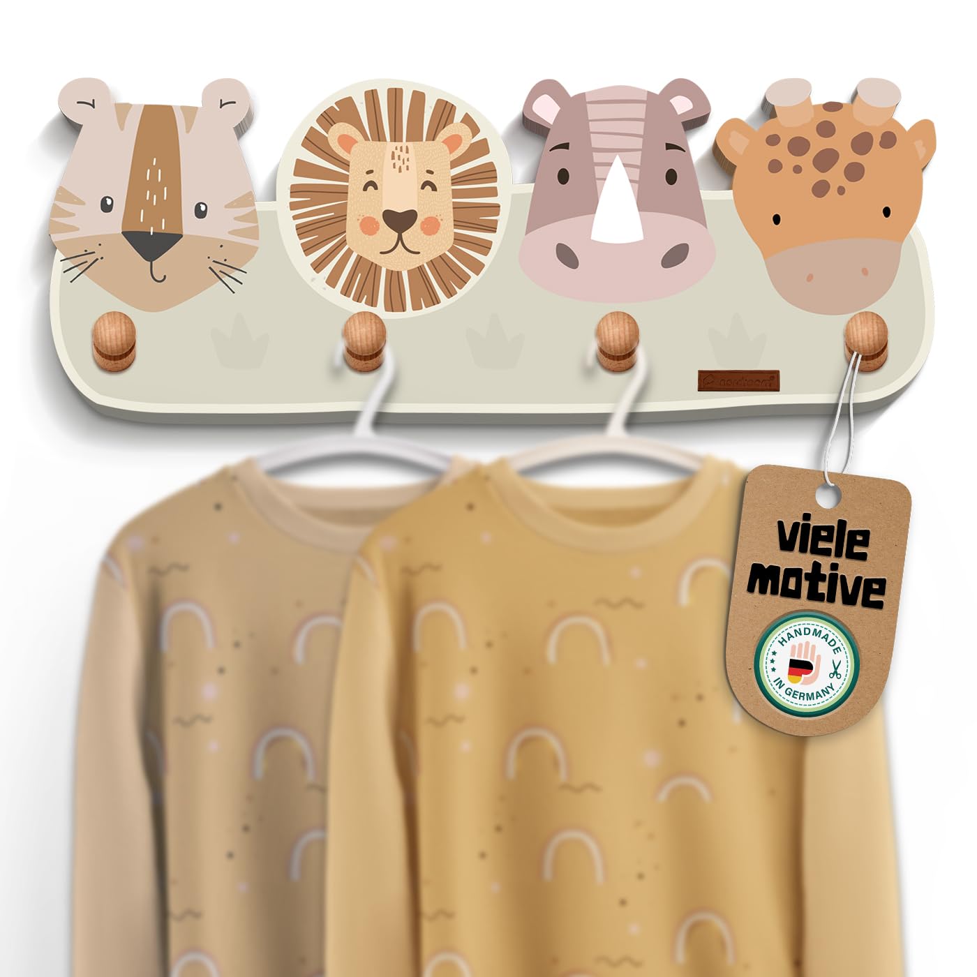 nordroom Children's Wardrobe with 4 Hooks Wall Coat Rack with Animal Motifs for Children's Rooms Wooden Coat Hooks Children's Wardrobe "mikkvill" for Drilling Coat Hooks Made of Beech Dimensions — image 1