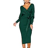 CHERFLY Women's V Neck Sweater Dresses Batwing Long Sleeve Backless Bodycon Long Dress with Belt