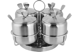 LIYJTK Stainless Steel Revolving Spice Jar Set with Rack, 12oz/350 ml Set of 4 Condiment Jar Canisters Pots Spice Container with Lids & Spoons Seasoning Box Bottle Salt Sugar Bowl for Home Kitchen