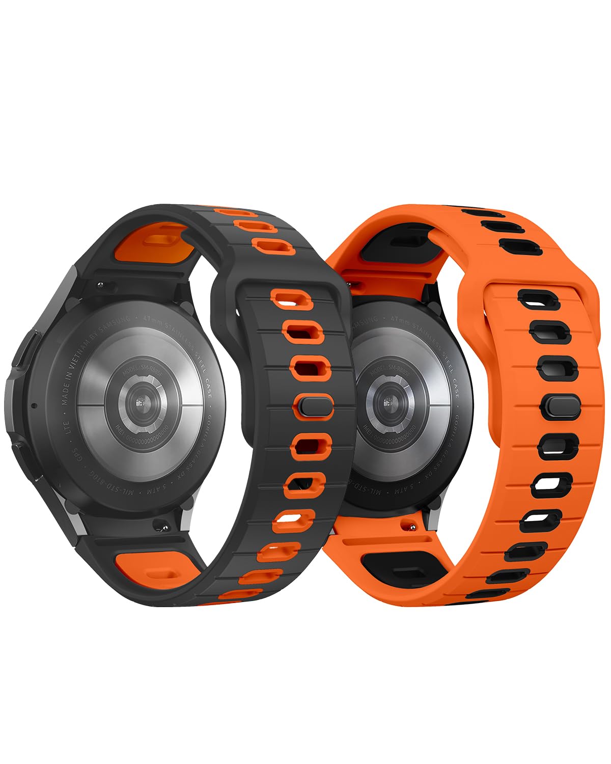 Photo 1 of 2 Pack Rugged No Gap Band Compatible with Samsung Galaxy Watch 7 6 5 4 Bands 40mm 44mm/Galaxy Watch 4 6 Classic Band 47mm 43mm 42mm 46mm/Galaxy Watch 5 Pro Bands, 20mm Two Tone Silicone Sport Strap for Men (Black Orange&Orange Black)