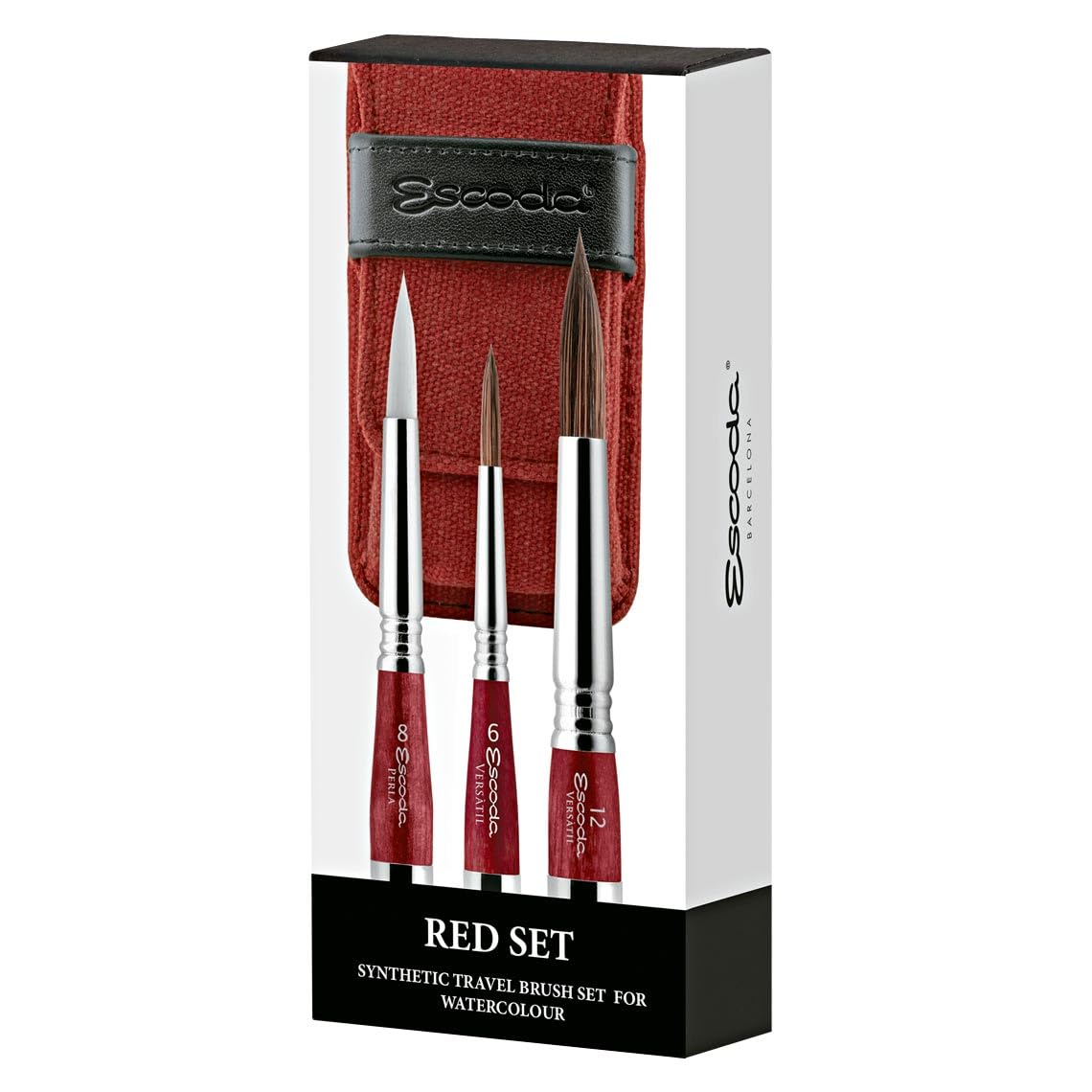 ESCODA Set 3 Watercolor Brushes - Red Travel Set N.6,8,12 Round Pointed Synthetic Hair Series Ultimo Versatil Perla Canvas Case Professional Handmade in Barcelona.