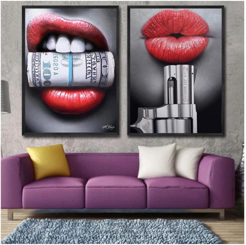 Wall Art Prints Posters - Sexy Red Lips Bite Gun and Money - Modern Canvas Paintings for Living Room Decor Unframed - 60X80Cm X2