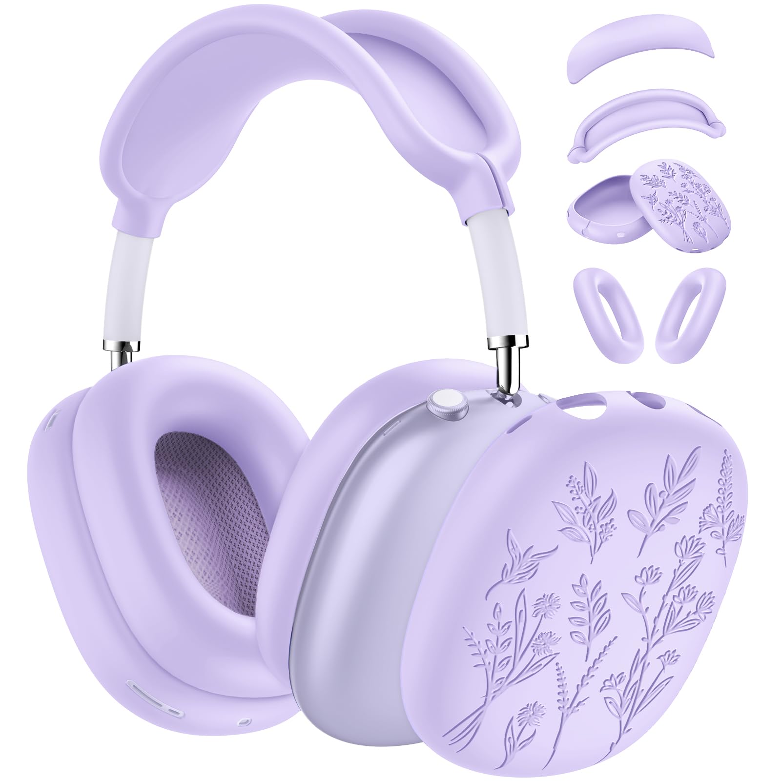Photo 1 of [4 in 1] Flower Engraved Silicone Case Cover for AirPods Max USB-C (2024), Anti-Scratch Sweat-Proof Ear Pad Case Cover/Ear Cups Cover/Headband Cover Accessories for AirPods Max Headphones (Purple)