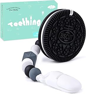 Baby Beißring Cookie Zahnen mit Silikon Schnullerkette, BPA-frei Baby Beißring Spielzeug für Junge und Mädchen (Schwarz)