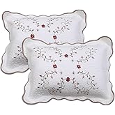 vctops Cotton Quilted Pillow Shams Set of 2, Elegant Floral Embroidered Pillow Cases Standard Size Vintage Farmhouse Decorative Pillow Covers (Type E, 20 x 26 Inch)