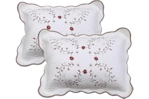 vctops Cotton Quilted Pillow Shams Set of 2, Elegant Floral Embroidered Pillow Cases Standard Size Vintage Farmhouse Decorative Pillow Covers (Type E, 20 x 26 Inch)