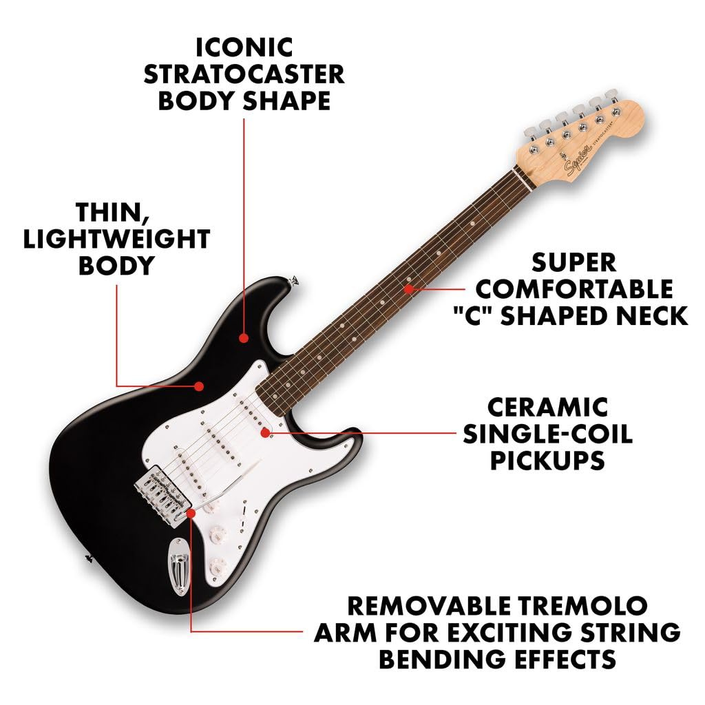 Guitarra eléctrica Fender Squier Debut Series Stratocaster, guitarra para principiantes, con garantía de 2 años, incluye lecciones gratuitas, negra con acabado mate