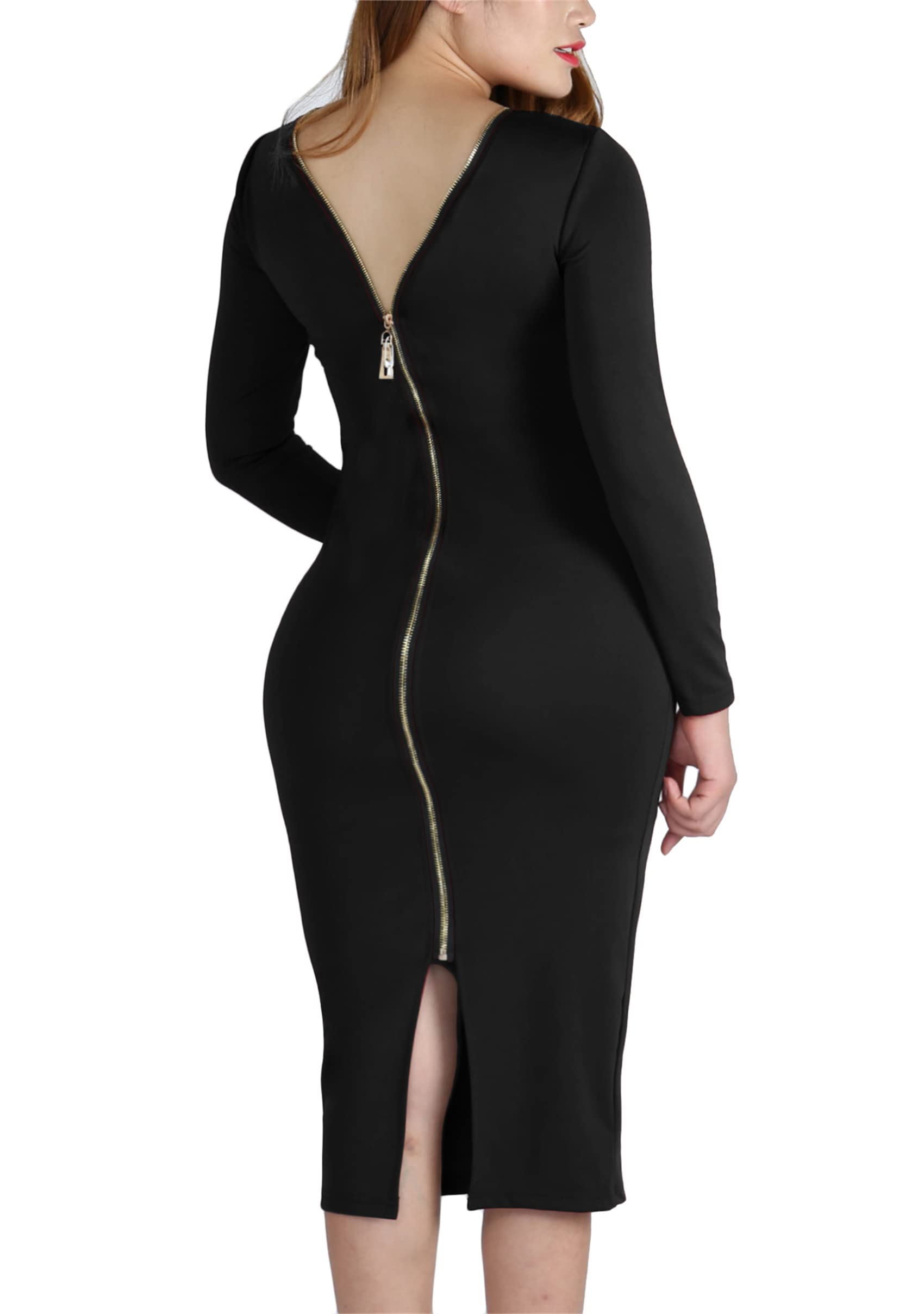 Photo 1 of YMING Womens Club Zipper Back Dress Long Sleeve Slim Fit Dresses Solid Party Bodycon Dress Blk L