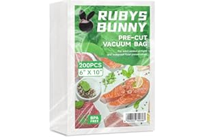 RUBYS BUNNY Vacuum Sealer Bags,200Pcs 6”X10” PreCut Seal Bags for Food Saver,Meal Prep and Sous Vide.4 Mils+13 Mils Thickened Surface,Heavy Duty,BPA Free,Commercial Grade Food Storage Bag