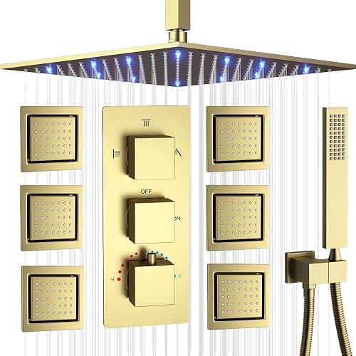 KATAIS Ceiling Mounted 12 Inch LED Brushed Gold Shower System With ...