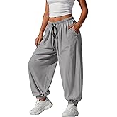 Fisoew Womens Baggy Harem Pants Casual Barrel Elastic Waist Drawstring Pleated Loose Workout Track Pants with Pockets