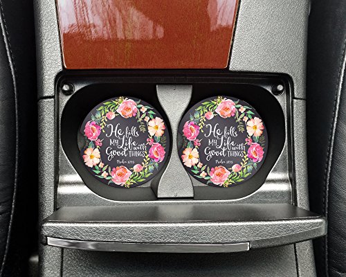 Christian quote - He fills my life with good things - Car coasters - Sandstone auto cup holder coasters
