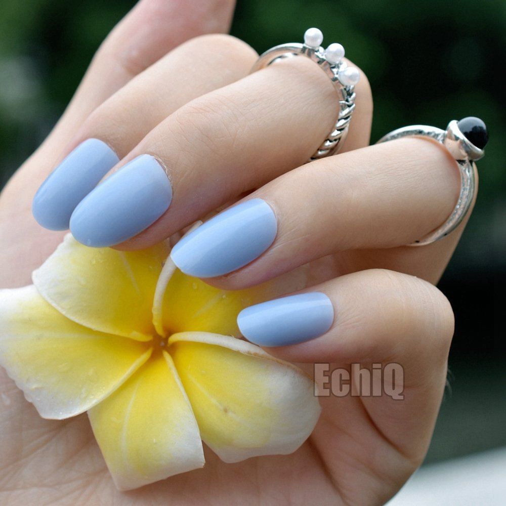 Buy EchiQ 24pcs Oval Round Fake Nails Candy Baby Blue Acrylic Nails Full  Cover False Nail Art Tips Online at desertcart OMAN