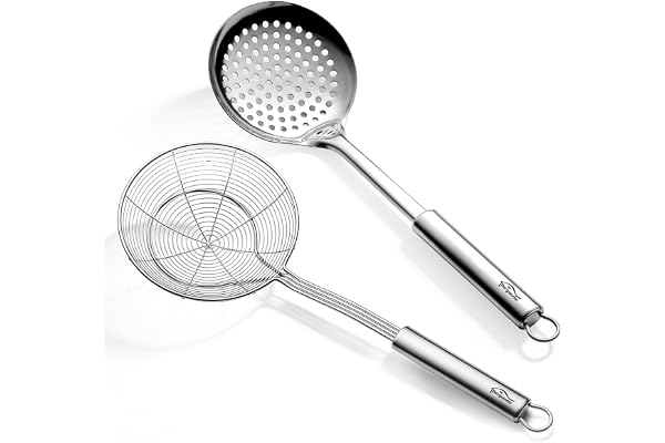 Berglander Spider Strainer Skimmer Ladle 2 Pieces, Stainless Steel Kitchen Skimmer Slotted Spoons for for Straining Pasta/Coo