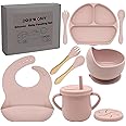 Dormlony 100% Silicone Baby Feeding Set,BPA Free Baby Dishes Set with Suction Bowl Divided Plate,Toddler Self Feeding Dish Set with Spoons Forks Sippy Cup and Bib, Baby Eating Utensils (Pink)