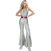 Uezjymi 70s Disco Outfits For Women,Sparkle Halter Flare Leg Outfit | Vintage off shoulder jumpsuit,colorful laser hot stamping,Deep V neck,bell bottom design,matching wide sequin waist belt