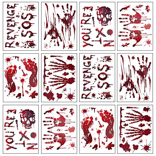 Halloween Window Clings, Bloody Handprint Footprint, 12 Sheets 130 PCS Halloween Window Decorations, Halloween Wall Decor, Halloween Window Stickers for Vampire Zombie, Spooky Window Stickers