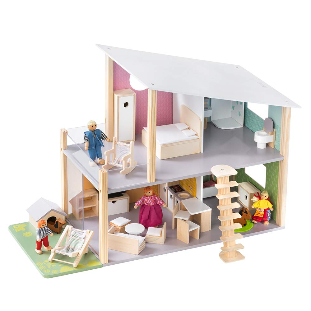 Howa Nelly 7015 Wooden Doll's House with 23 Pieces Furniture Set 4 Dolls and Dog