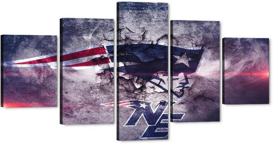 Canvas Wall Art American Football Pictures New England Patriots NFL Team Logo Sport Posters and Prints Framed Wooden Modern Artwork for Living Room Bedroom Home Decor 5 Pieces Set (60''W x 32''H)