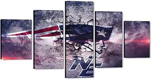 Canvas Wall Art American Football Pictures New England Patriots NFL Team Logo Sport Posters and Prints Framed Wooden Modern Artwork for Living Room Bedroom Home Decor 5 Pieces Set (60''W x 32''H)