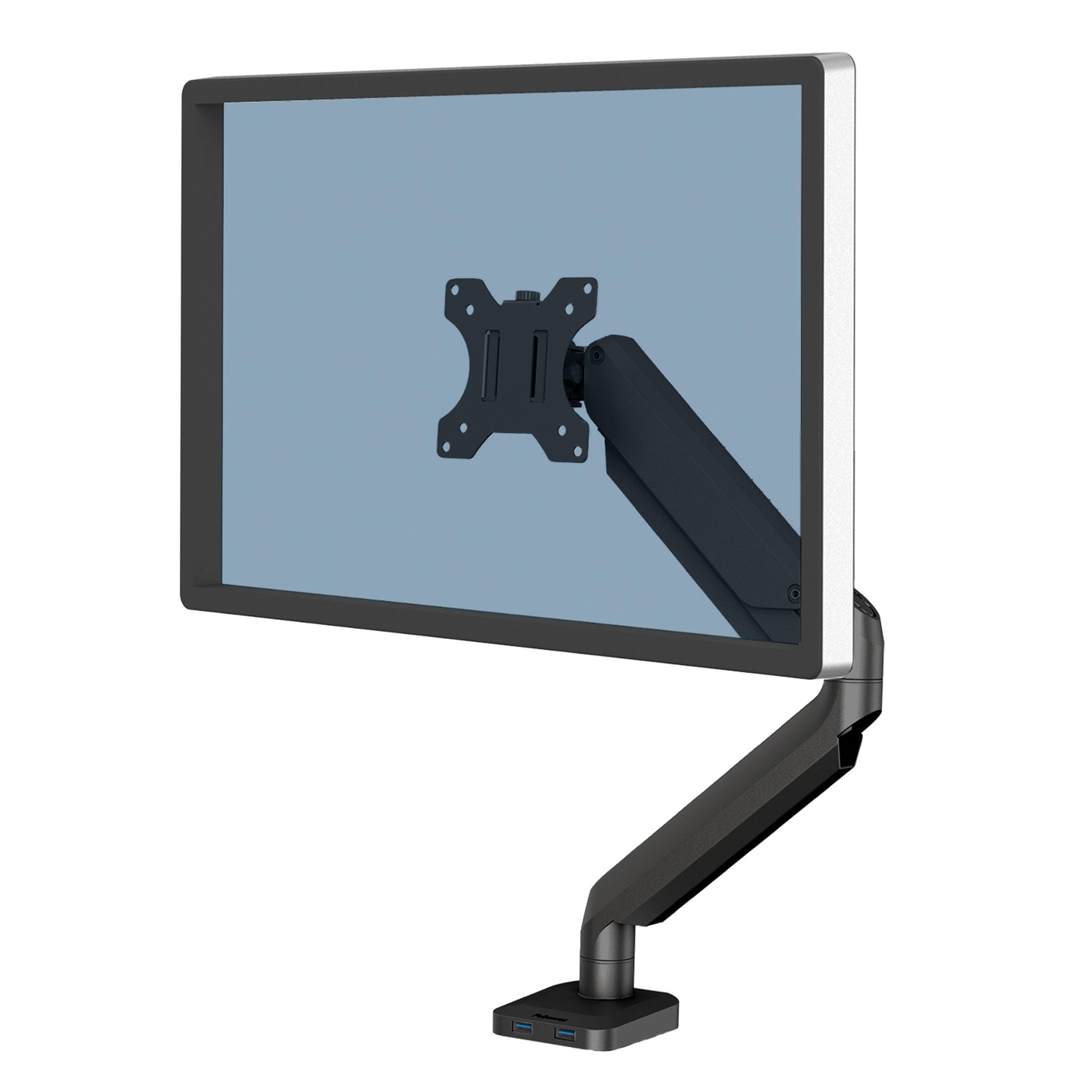 Fellowes Monitor Halterung für 1 Bildschirm bis 32 Zoll (81,28 cm) - Platinum Series Monitor Arm mit Gasfeder, USB Ports - Befestigung mit Klemme oder Kabeldurchlass - schwarz