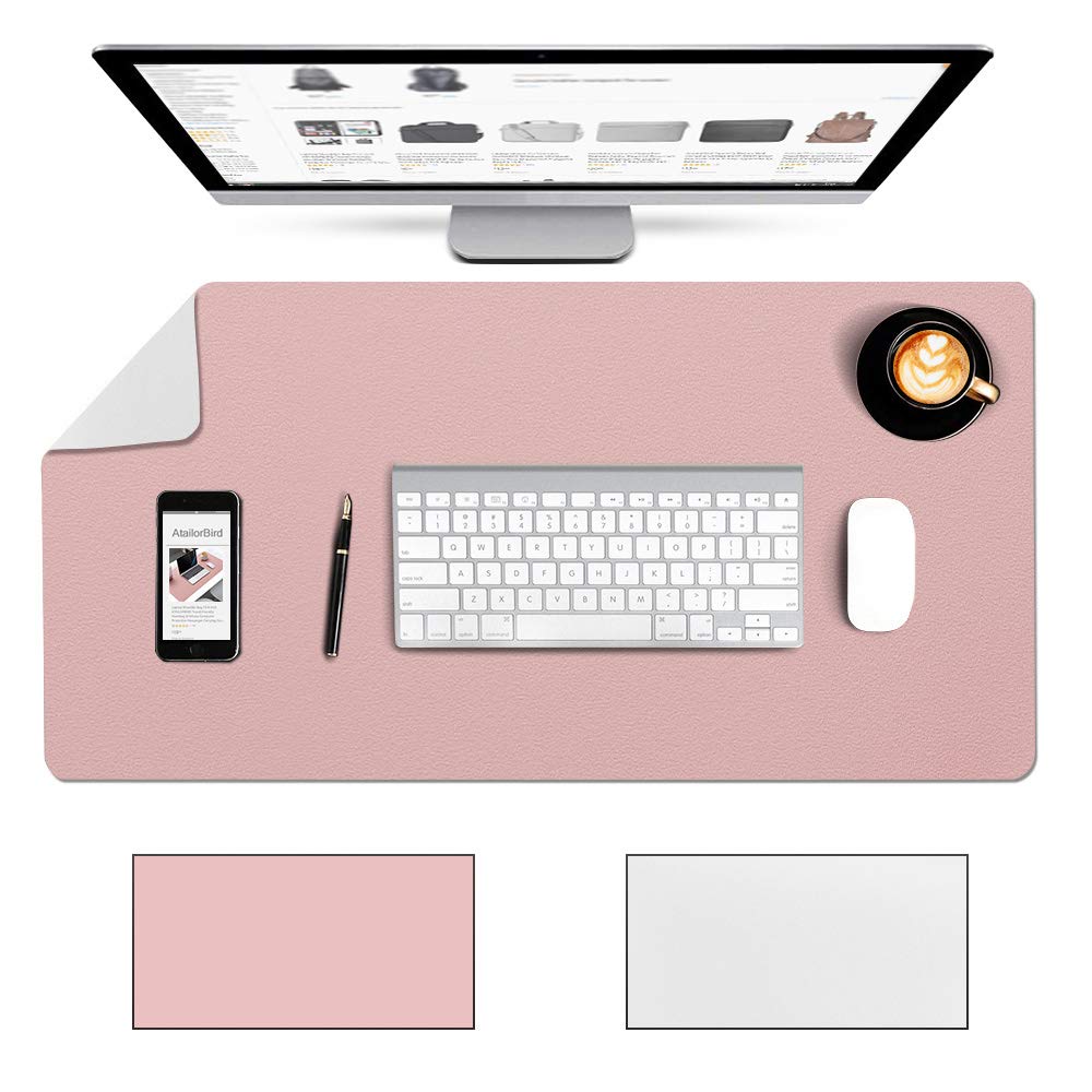 AtailorBird Mouse Pad Double Side Extended 800X400X2mm Waterproof PU Leather Protective Desk Mat Large Size Writing Mat Desk for Office Home - Pink&Sliver