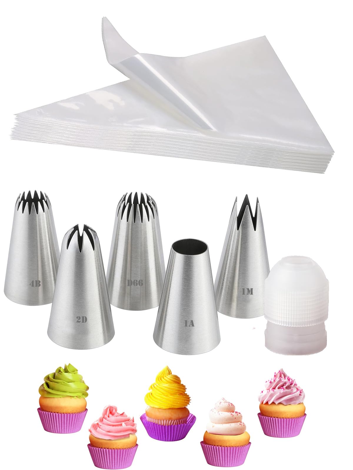 Large Icing Nozzles and Bag with Coupler,1M 2D 1A 4B D66 Piping Nozzle Set,Large Coupler and Piping Bags Disposable - 12 inch