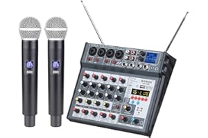 BOMGE 6 channel Audio DJ Console Mixer with Dua UHF Wireless Microphone,USB, Bluetooth, 48V phantom,16 Echo/Delay for Home Studio Recording DJ Network Live Karaoke PC Guitar