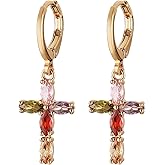 HZMAN Cross Earring for Women 14K Gold Plated Hypoallergenic Dangle Hoop Earrings Dainty Crystal Cubic Zirconia Earrings