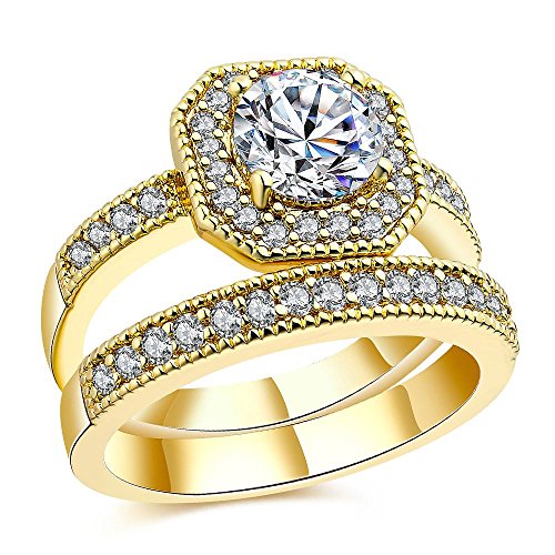 Angelady White/Yellow Gold Plated Luxury Cubic Zircon Rings Set Women Fashion Jewelry Size 6-8