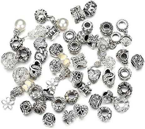 Pansona 10 Colors Assorted Silver Tone Charms Rhinestones Bead Charms Murano Glass Beads and Spacers Pack of 50 (White)