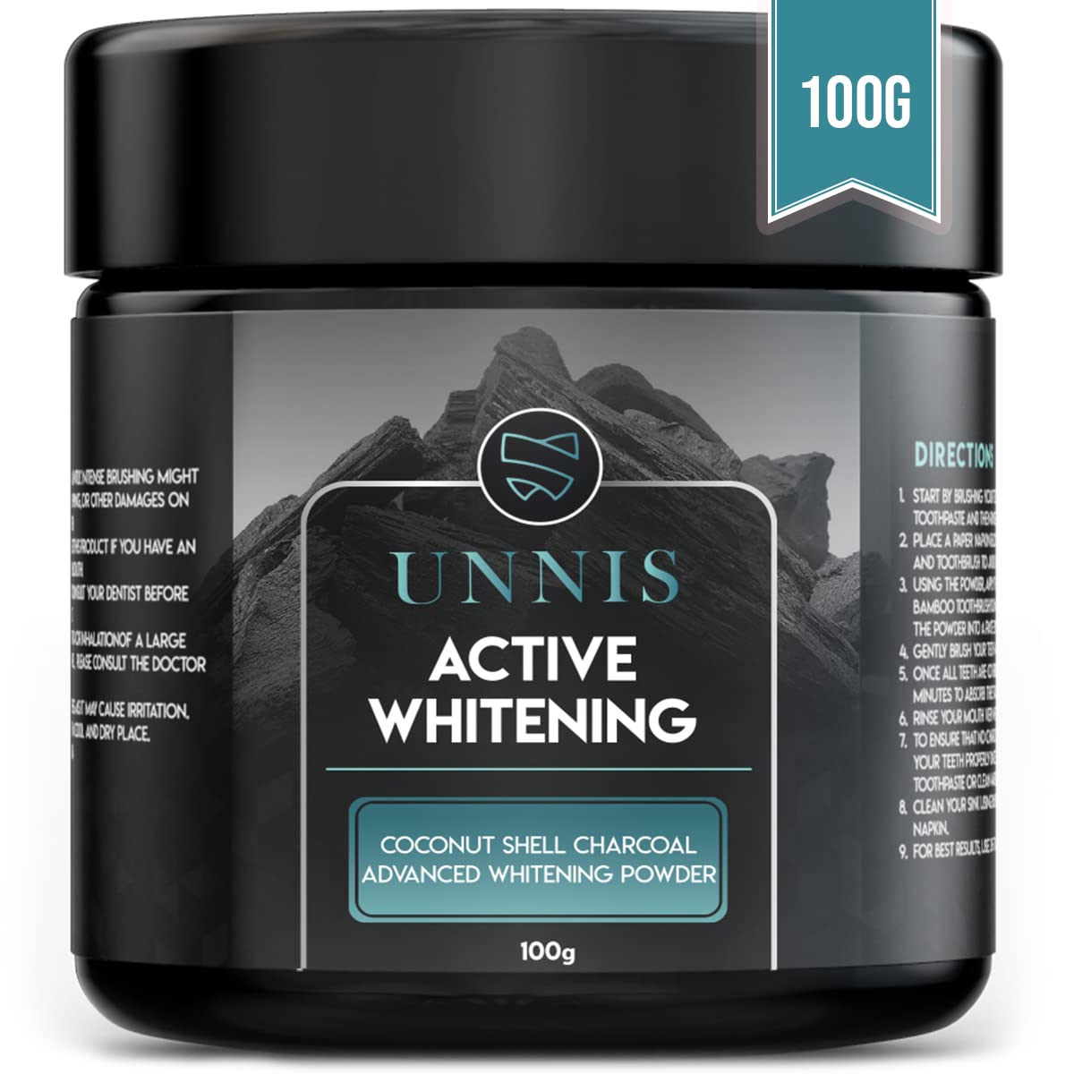 UNNIS Charcoal Teeth Whitening Powder, Natural Teeth Whitening, Detoxifying, and Cleansing, Safe for Gums and Enamel, 3.5 Oz (100 g)
