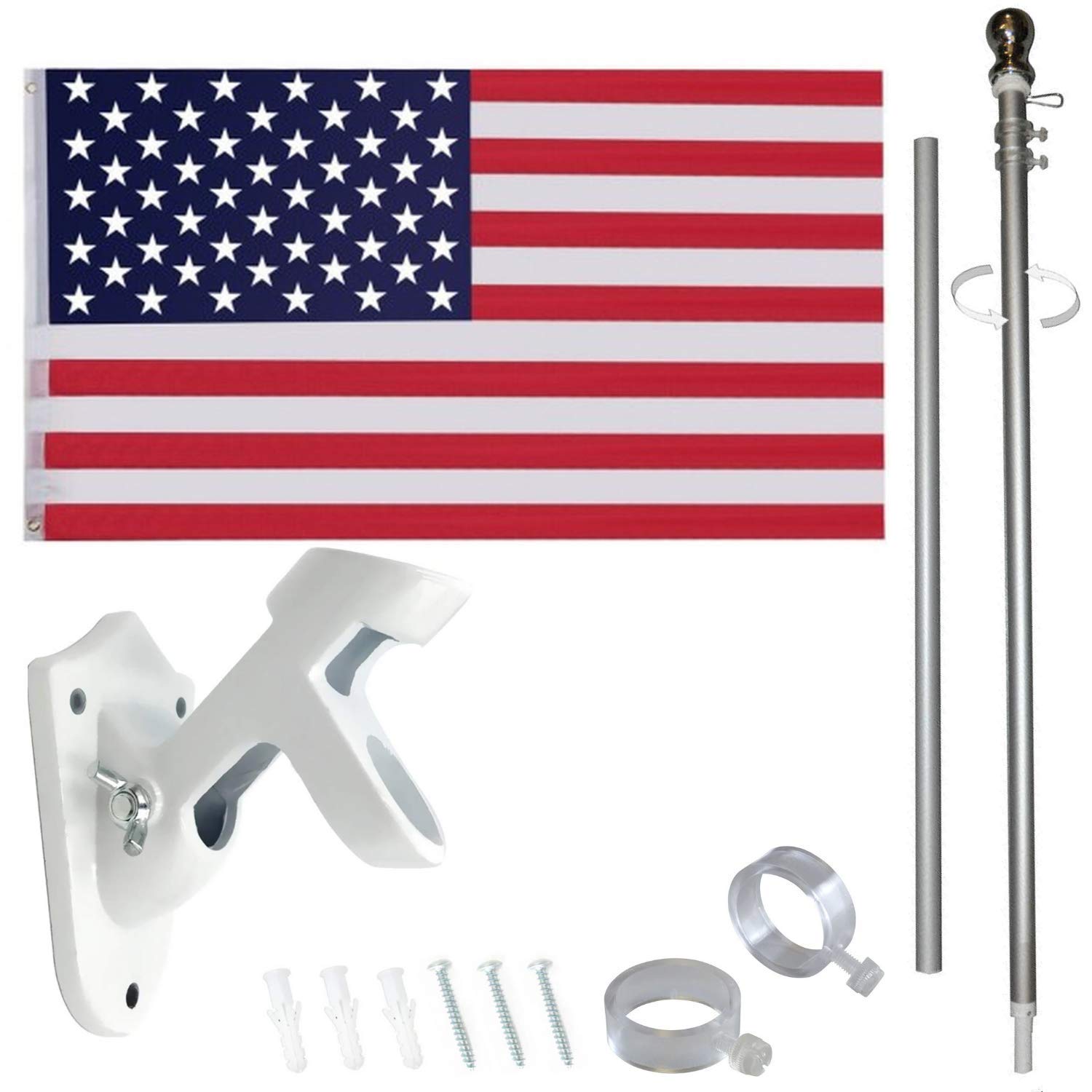 6 Feet Tangle Free Spinning Flag Pole Kit with American Flag (3x5) - Outdoor Flag | Embroidered Stars - Includes Flagpole Bracket - Rust Free (White) Image
